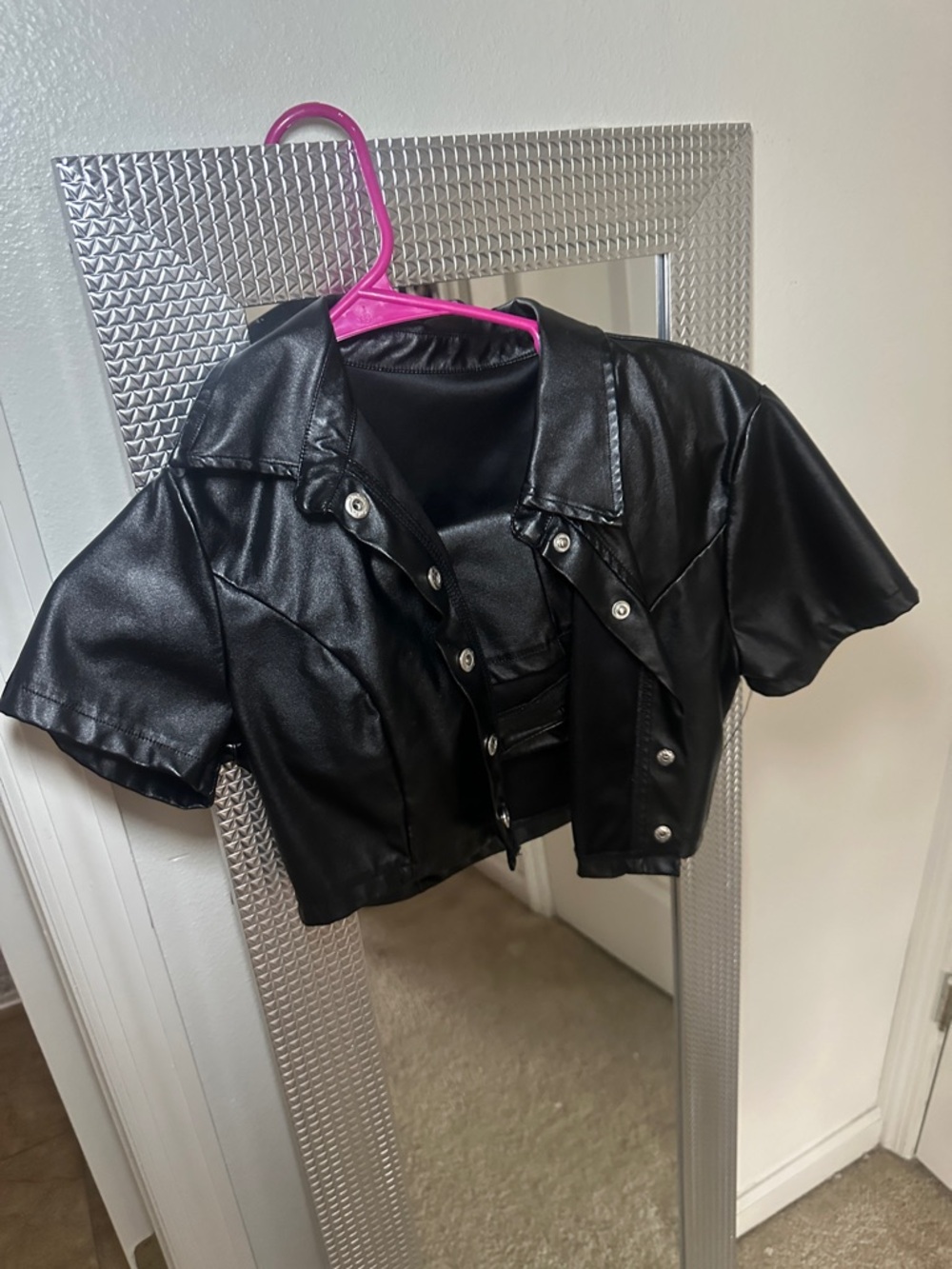 Cropped Black Faux Leather Button-Up Jacket